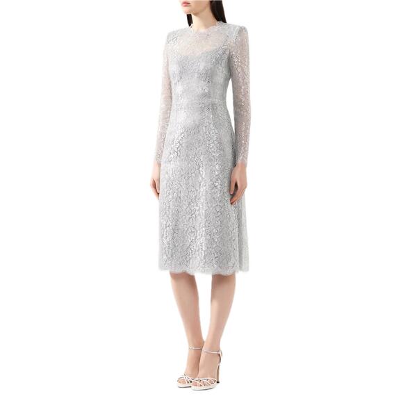 NWT DOLCE & GABBANA Cordonetto Lace Midi Dress Long Sleeves Silver 40 S - Picture 1 of 10